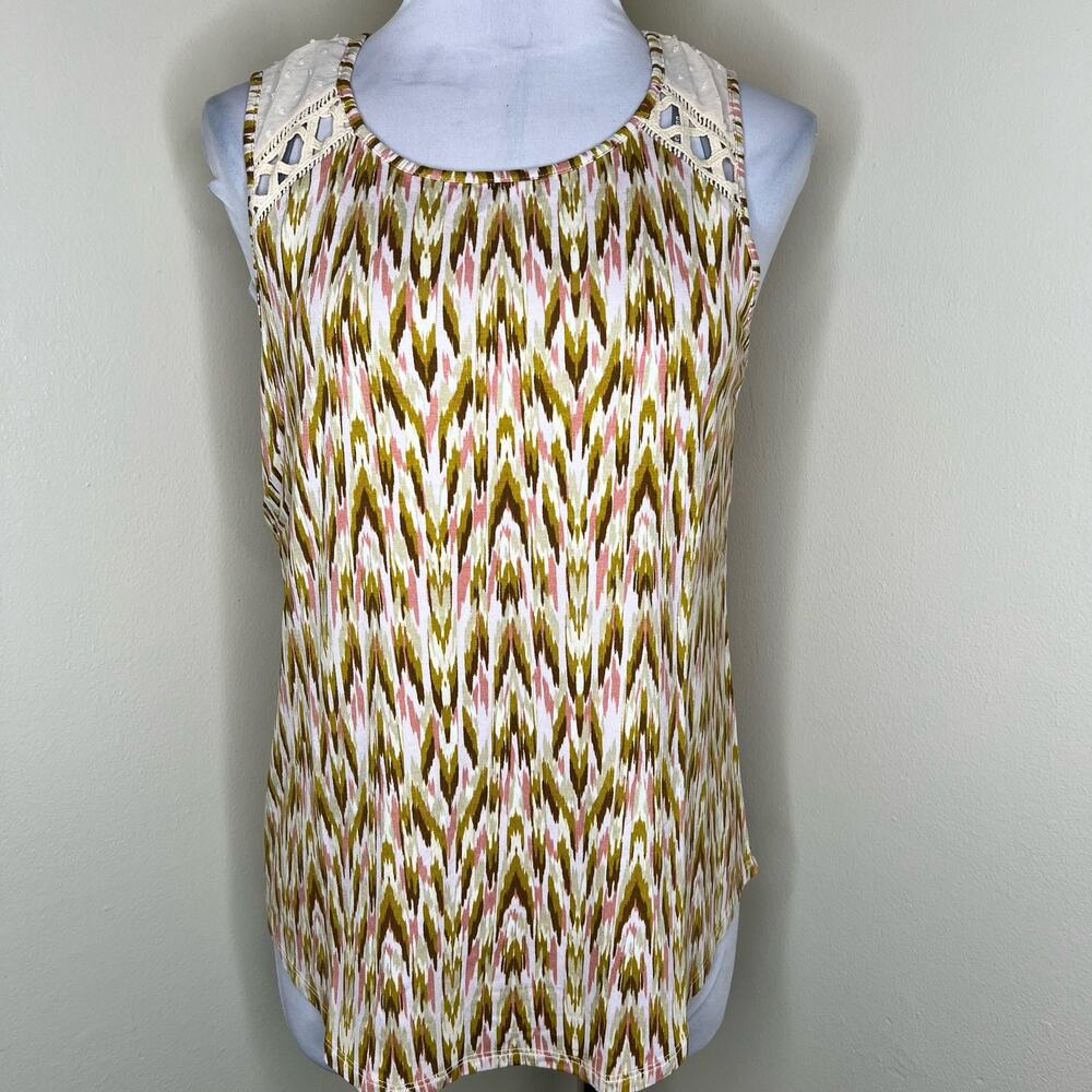 NWT Daniel Rainn Top MEDIUM Multicolor Swiss Dot Abstract Crochet Jersey Knit